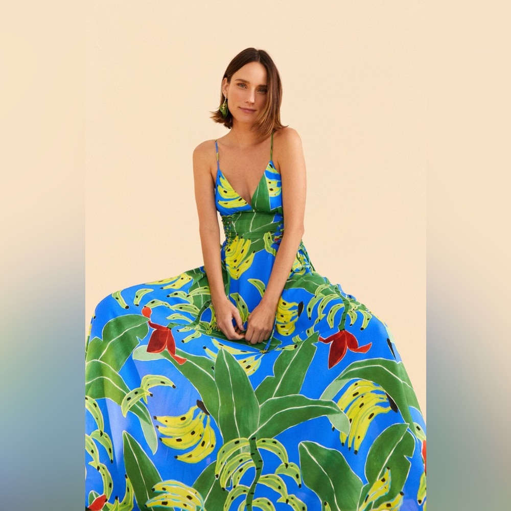 NWT Anthropologie Farm Rio Blue Banana Leaves strappy Maxi Dress sz XXS